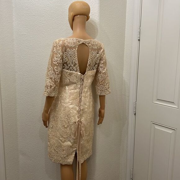 Wedding Dress Champagne Beige Boat Neck 3/4 Sleeve Corset Tie Back Midi - Picture 8 of 14